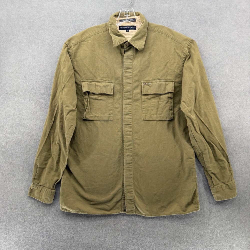 Tommy‎ Hilfiger Button Down Shirt Mens Large Olive Green Cotton Pique Utility